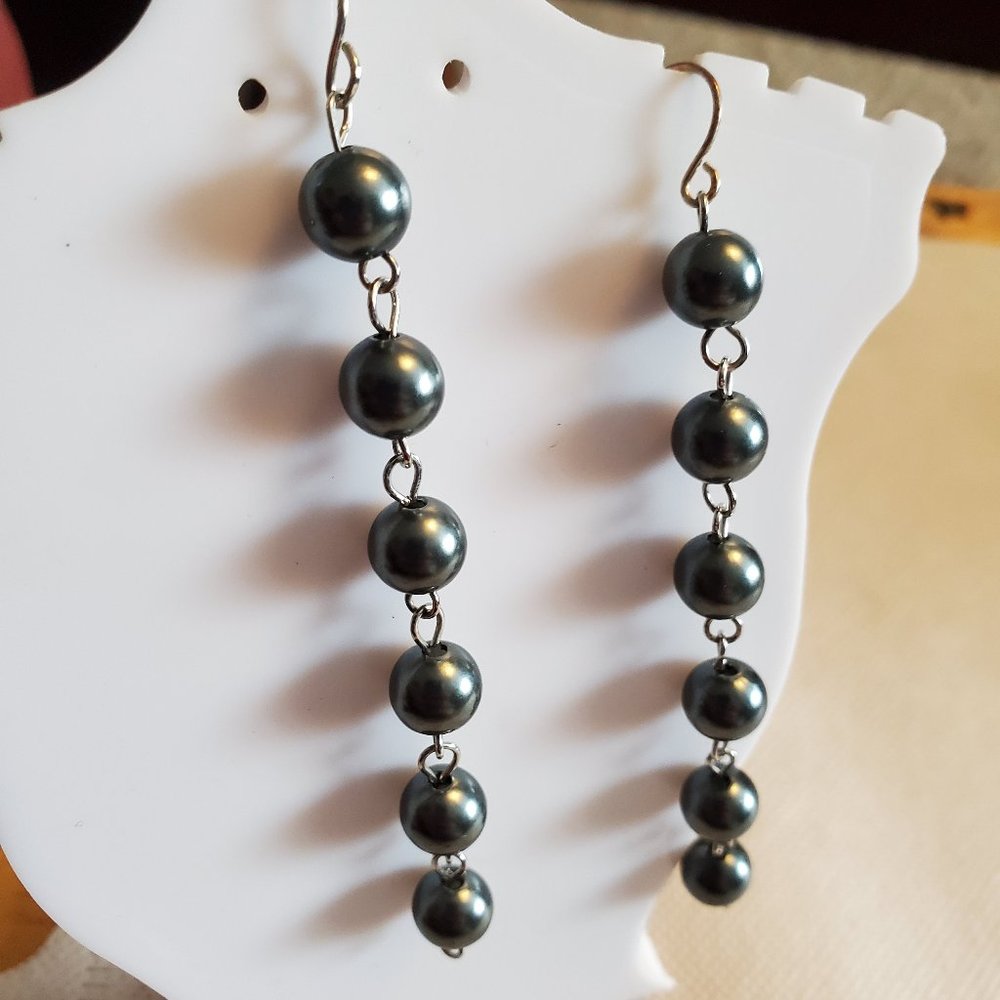 3" Silver Tone Hook Blue Bead Dangle Earrings NWT
